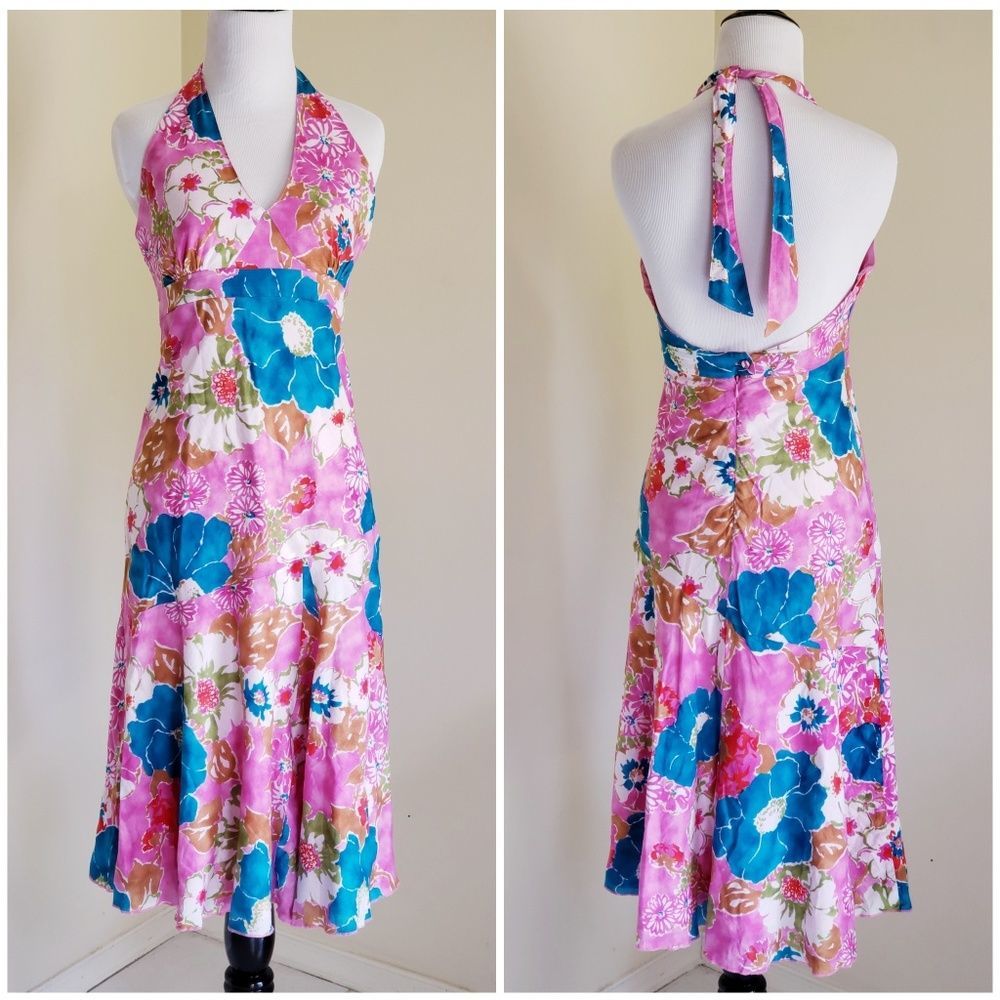 Vintage Retro Roxy Floral Print Dress Sz M Halter Midi